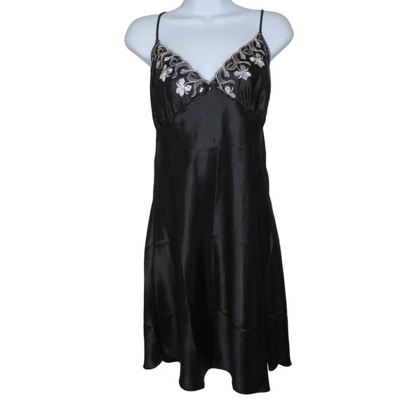 Vintage Shirley of Hollywood Knee Length Satin Slip Nightgown L Black Embroidery - Picture 12 of 12